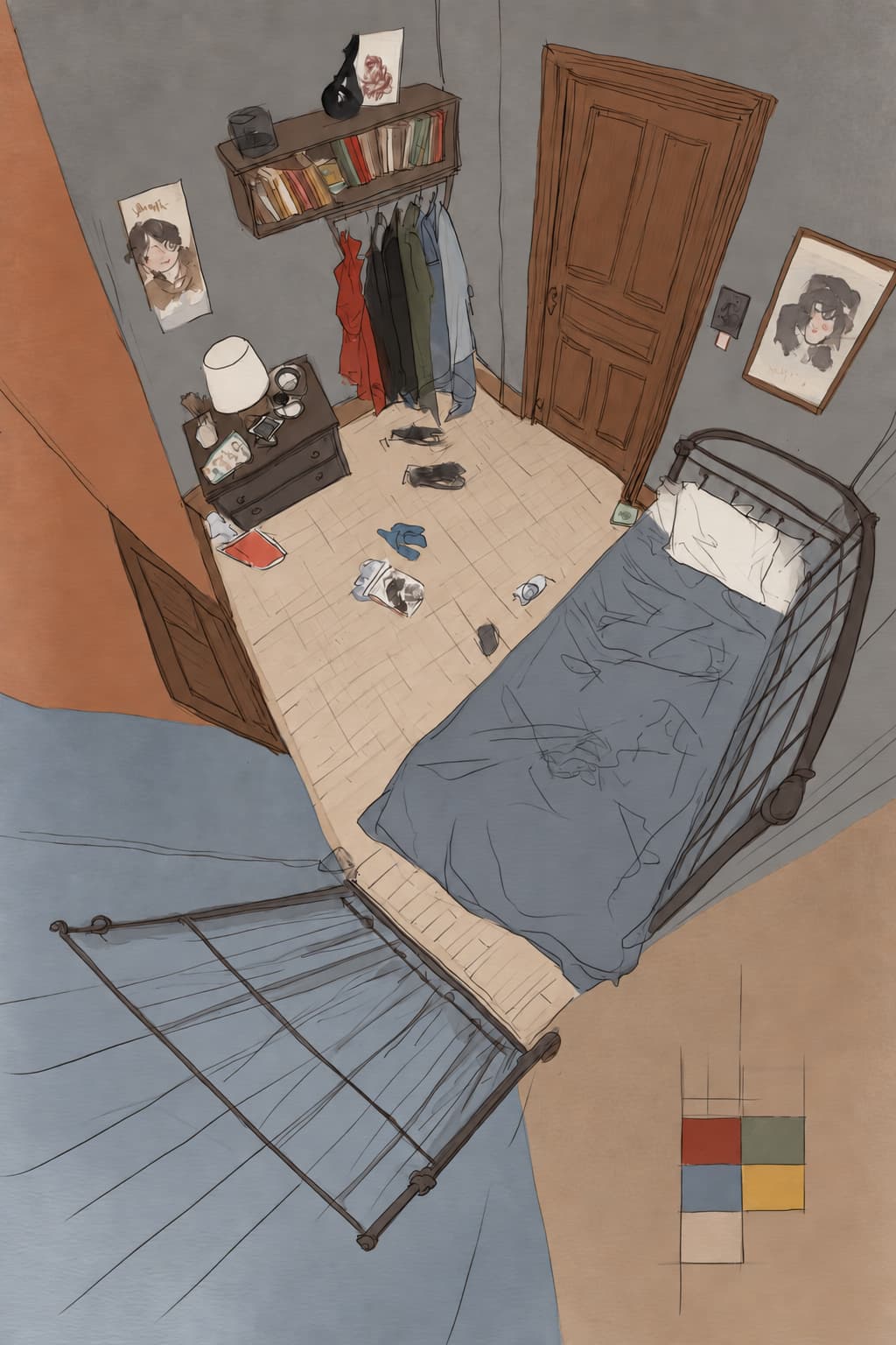 A small bedroom seen from above, an iron bed made up and clothes across the floor