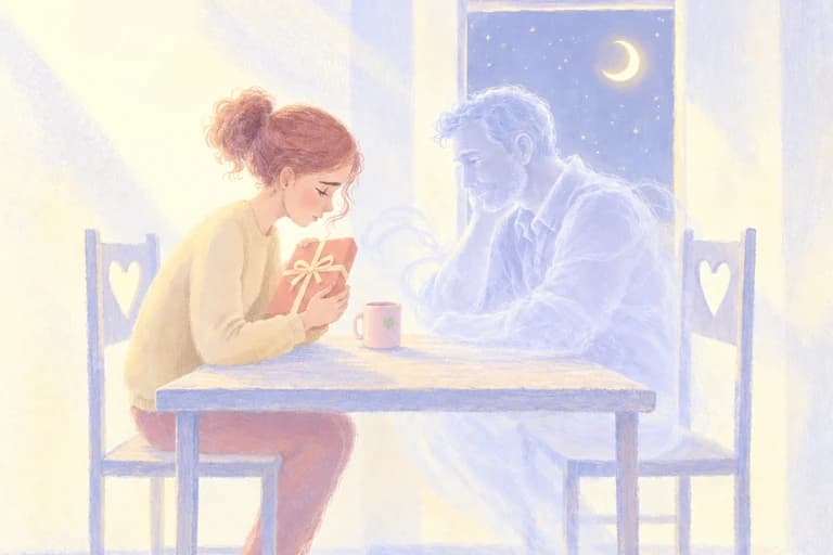 A young woman at a kitchen table holding a wrapped gift, her father sitting opposite her as a figure of light